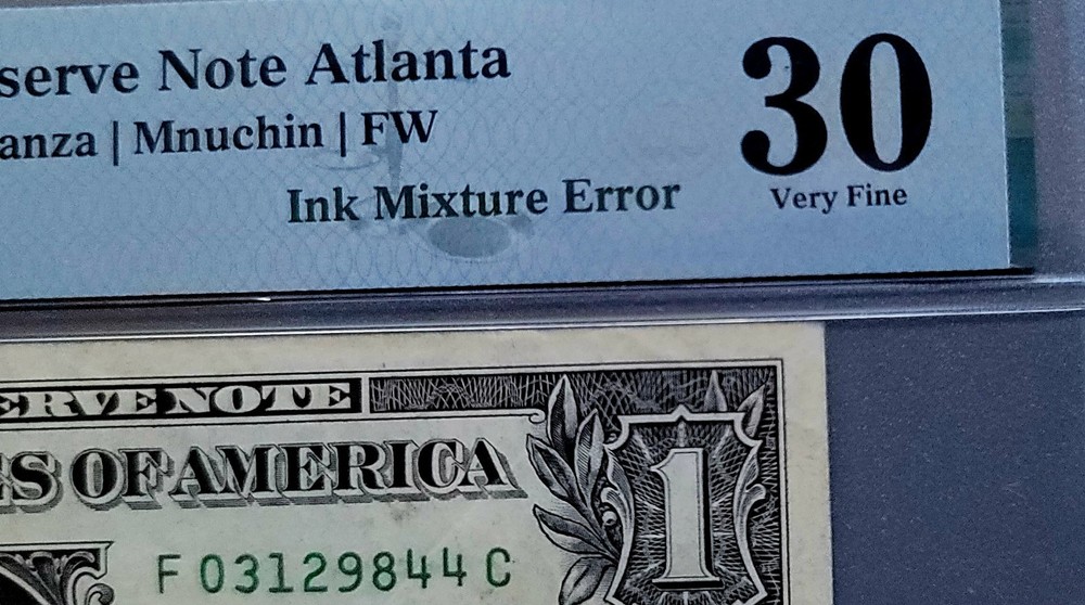 $1 Dollar US Bill Error" INK MIXTURE ERROR" PMG 30 VERY FINE