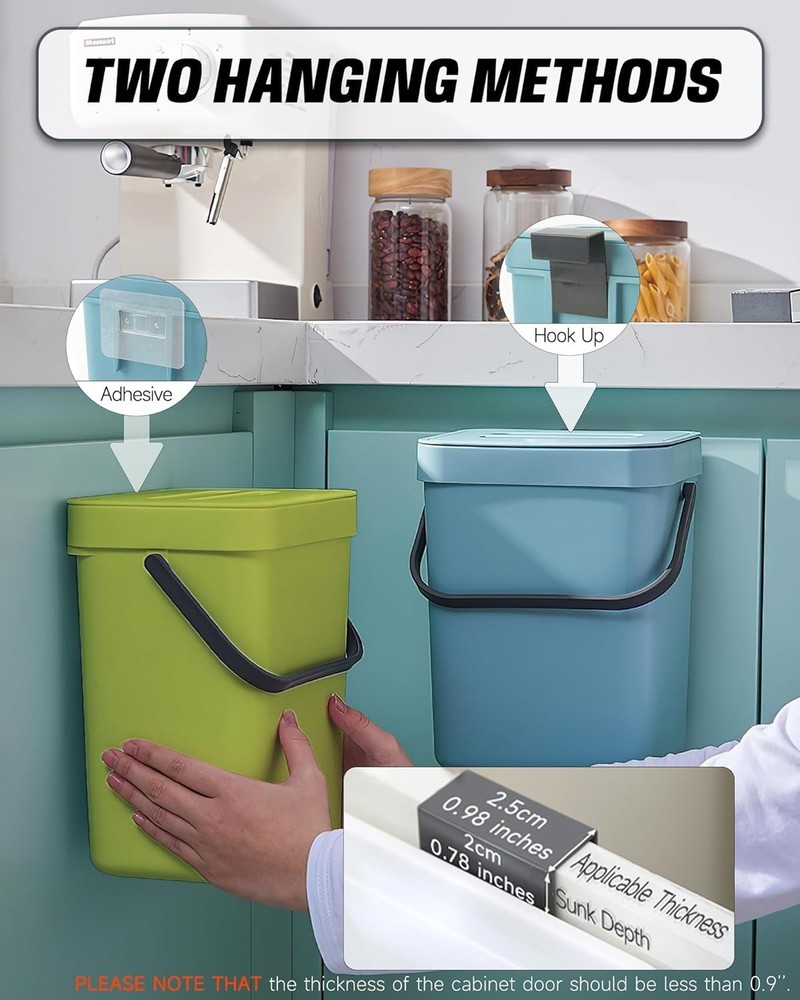 Odorless Kitchen Compost Bucket - 5L Hanging Trash Can with Quick Release Lid