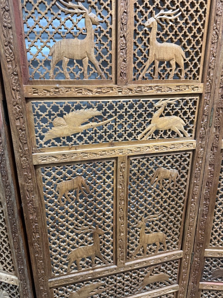 Mid-Century Carved Folding Four Panel Room Divider Screen