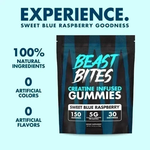 Beast Bites Creatine Infused Gummies, Blue Raspberry, 150 Servings