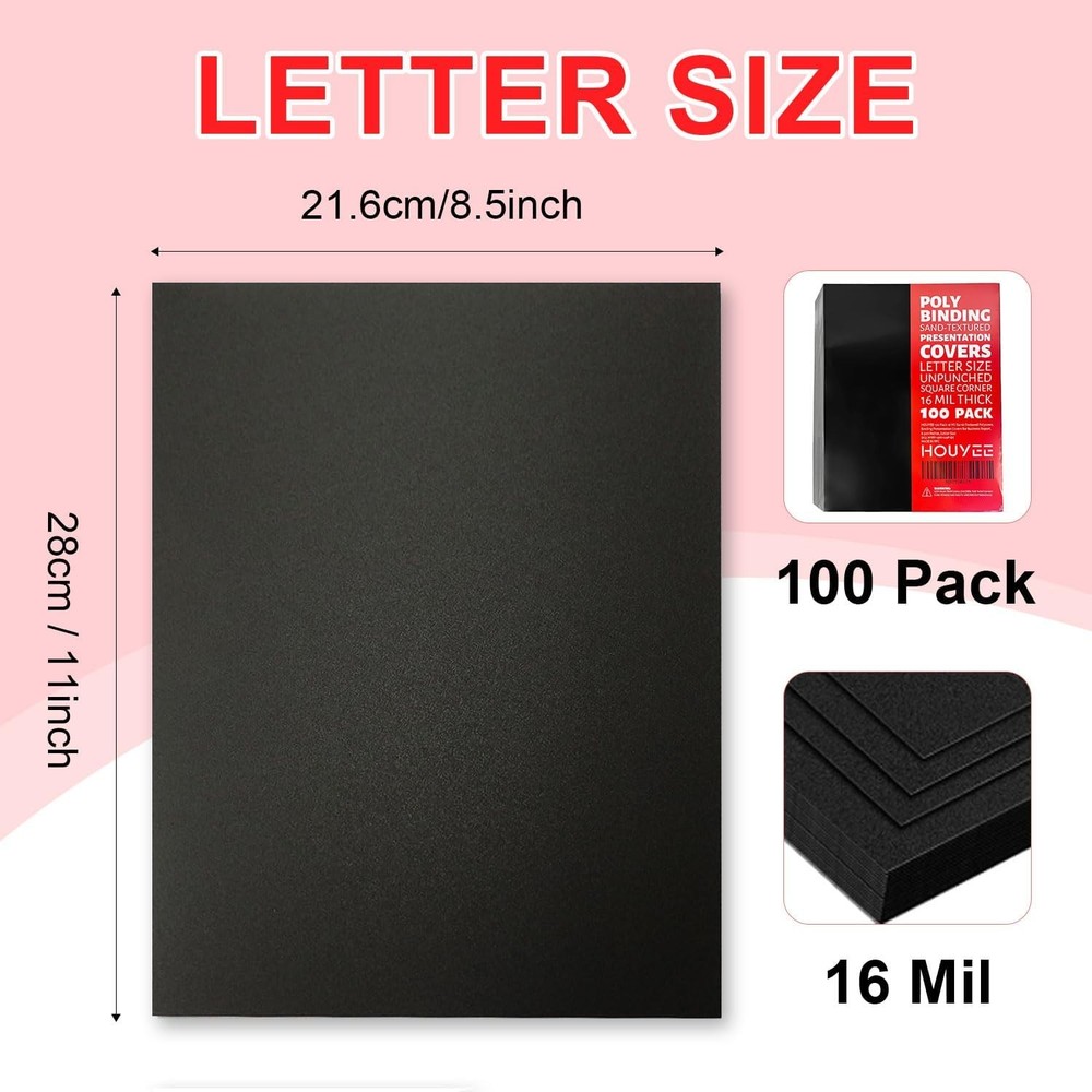 HOUYEE 100 Pack 16 Mil Poly Binding Covers,Sand 16mil, 100 pack, Black