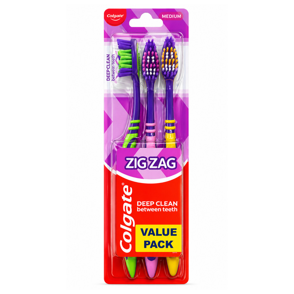Colgate Zig Zag Medium Toothbrush Deep Clean Manual Brush Value Pack 3 Count
