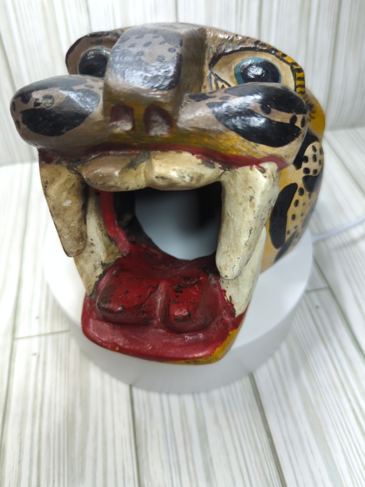Mexican Nahua Folk Art Guerrero Carved Wood Cat Jaguar Animal Head