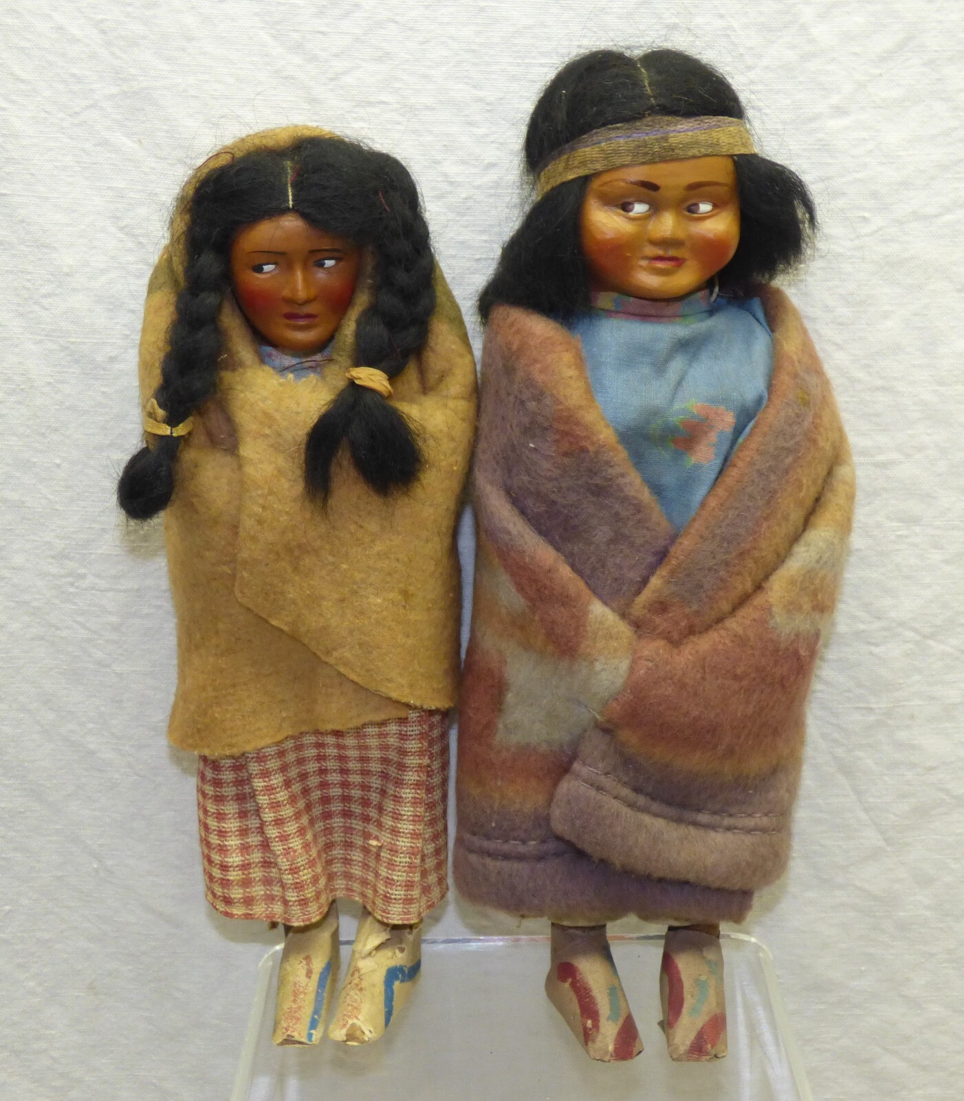 Skookum Dolls 10" Male & 9" Female w/ Taped Feet Side Glancing Eyes Vintage Pair