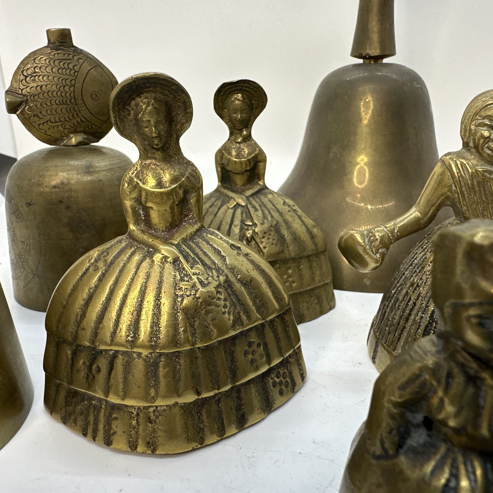Lot of 11 Vintage Antique Hand Bell Mixed Estate Etched Fish Brass Lady Woman