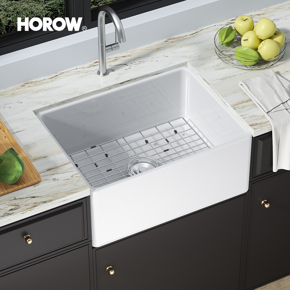 24" Sink Single Bowl Undermount Ceramic Farmhouse Apron Kitchen White Rectangle