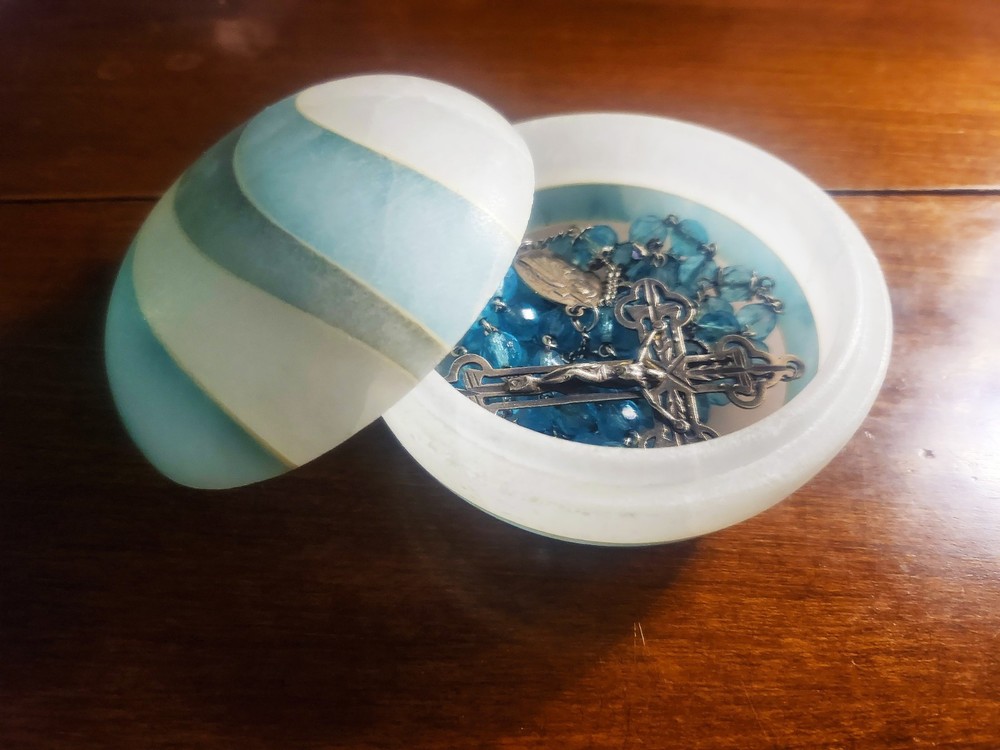 Vintage Italy Sterling Silver Aqua Blue Crystal Rosary & Vtg MCM Alabaster Case