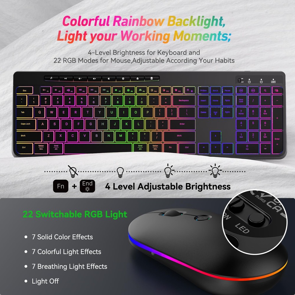 Backlit 2.4G Wireless Keyboard and Mouse Combo Full Size Rechargeable