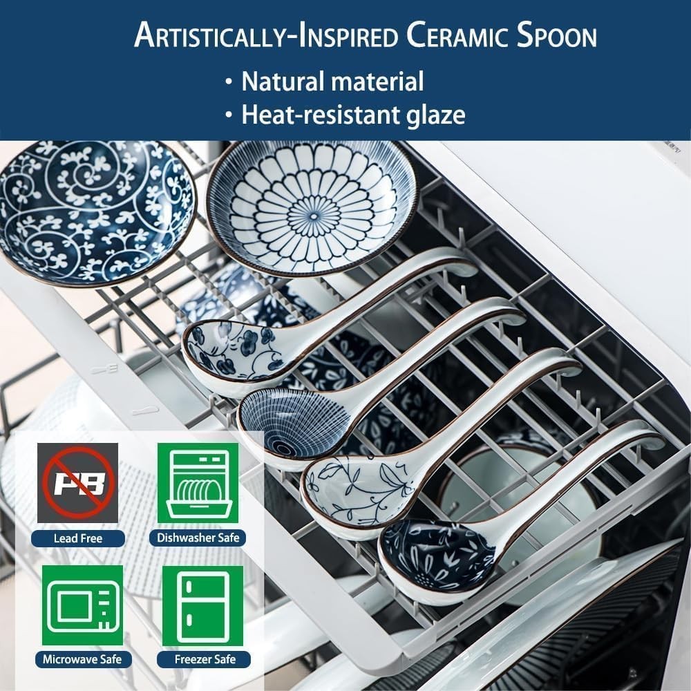 5pcs Asian Soup Spoon, Ceramic Chinese Spoons, Deep Oval Hook White