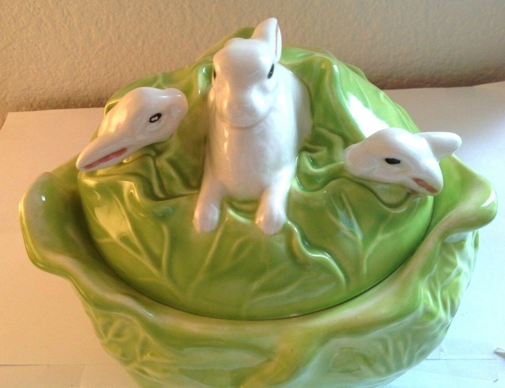 Vintage Bunny Rabbits Inside Green Cabbage Serving Dish