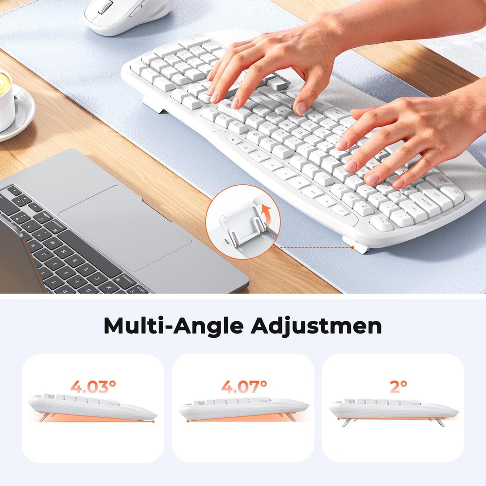Ergonomic Keyboard and Mouse Wireless Combo Wave Keys Wrist Rest White