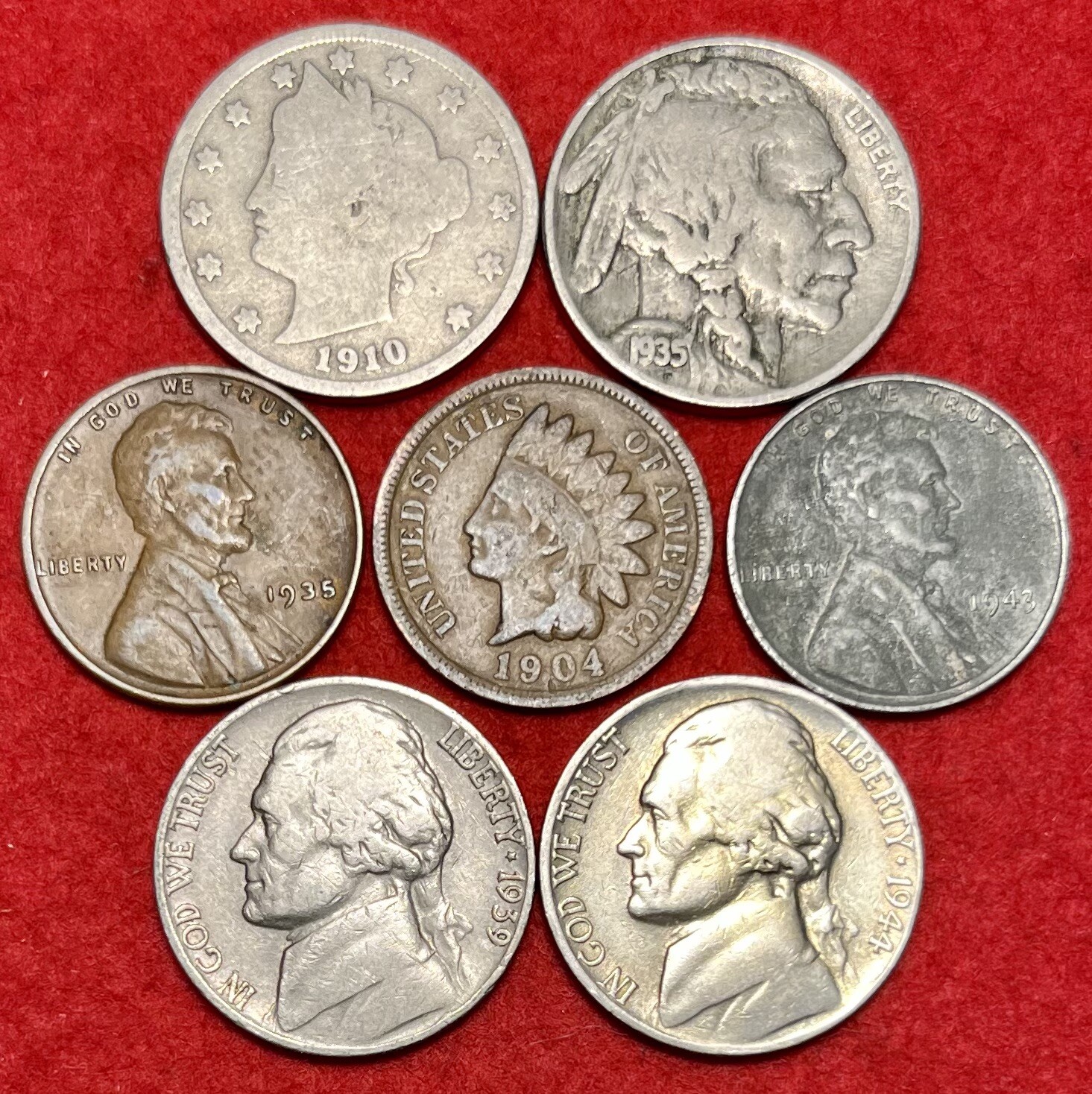 (7) US Coin Lot Liberty Head Buffalo Silver War Nickels Indian Head Wheat Cents