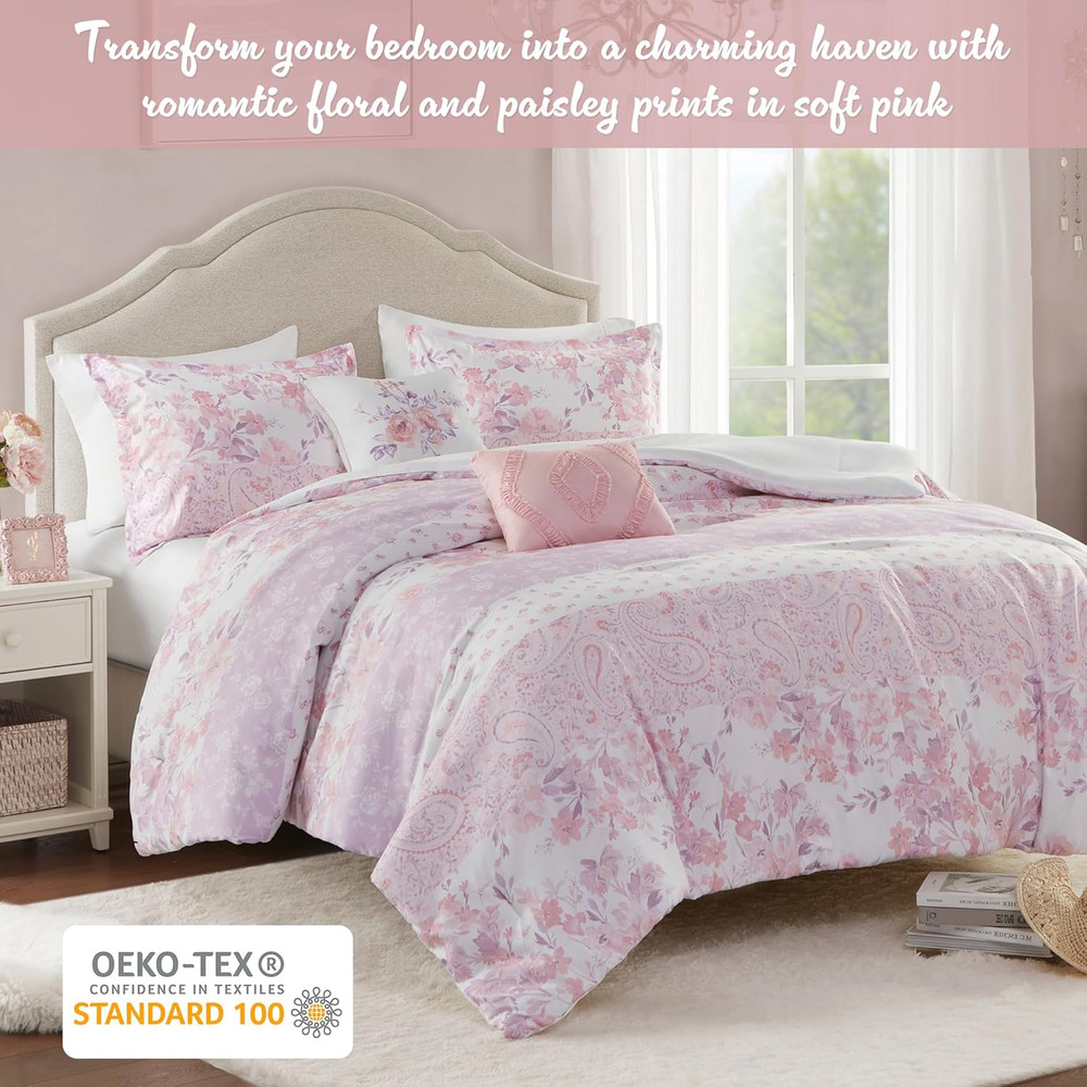 Queen Comforter Set, Romantic Floral & Paisley, Solid Reverse, Microfiber Lightw