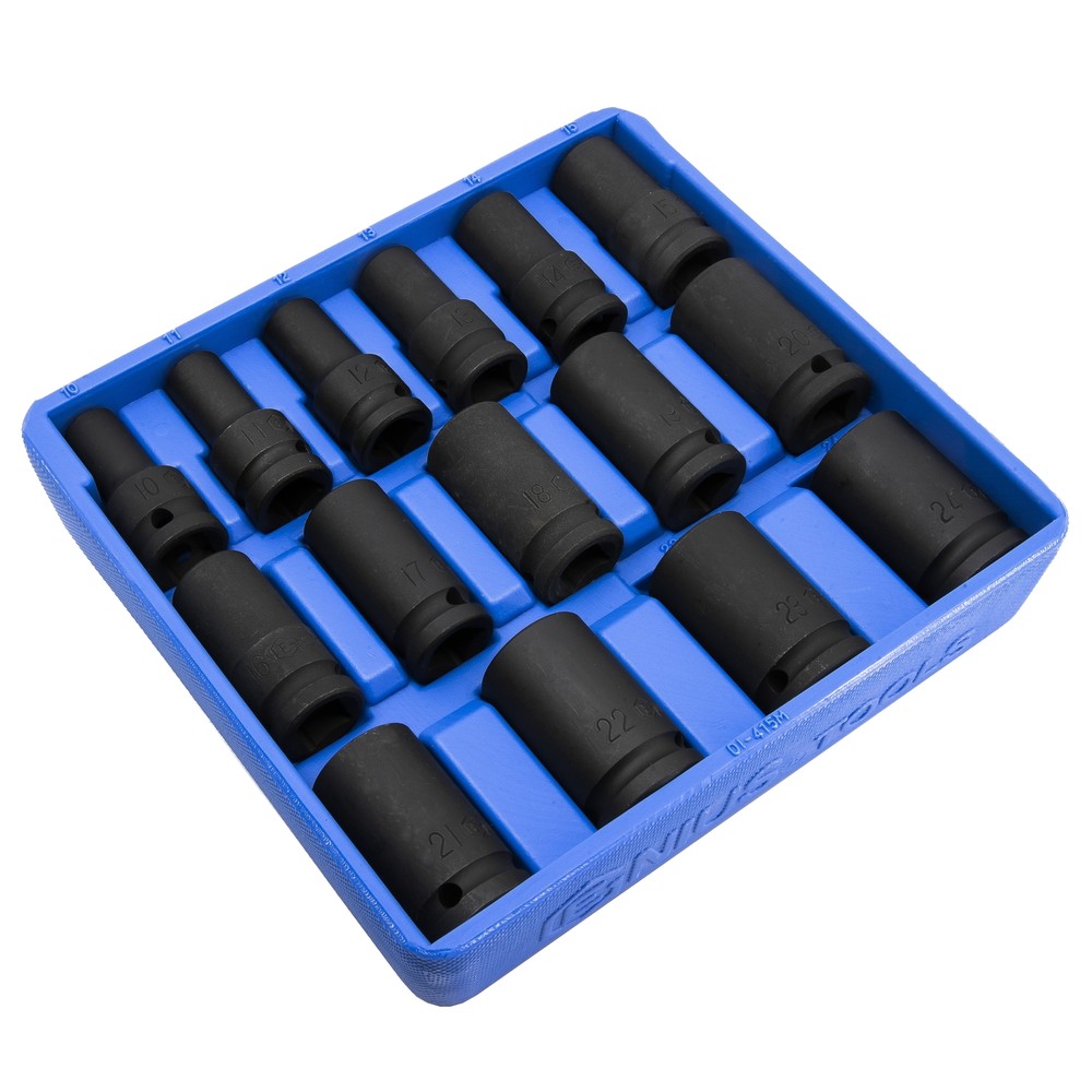 Genius Tools 15 Piece 1/2" Dr. Metric Semi-Deep Thin Wall Impact Socket Set (...