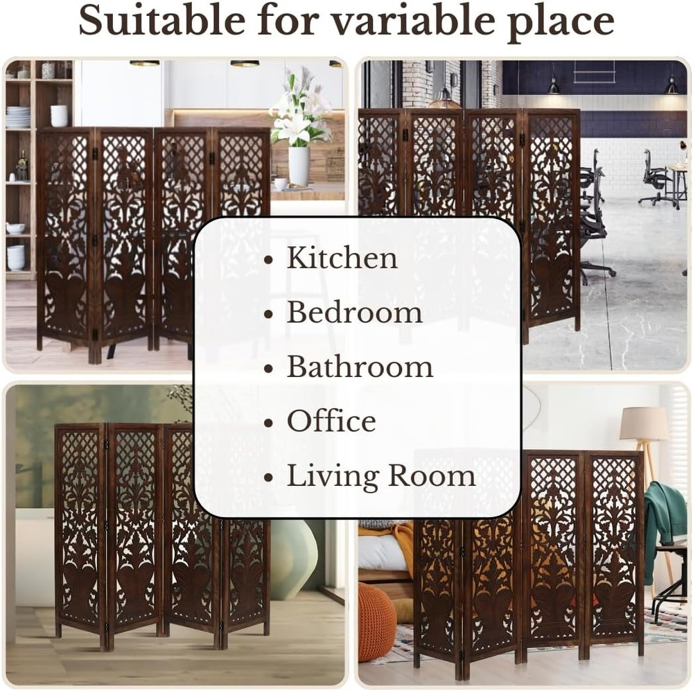 Room Divider Wood Screen Panel – Burnt Brown, 4-Panel Folding 64"X54", Hand-C...
