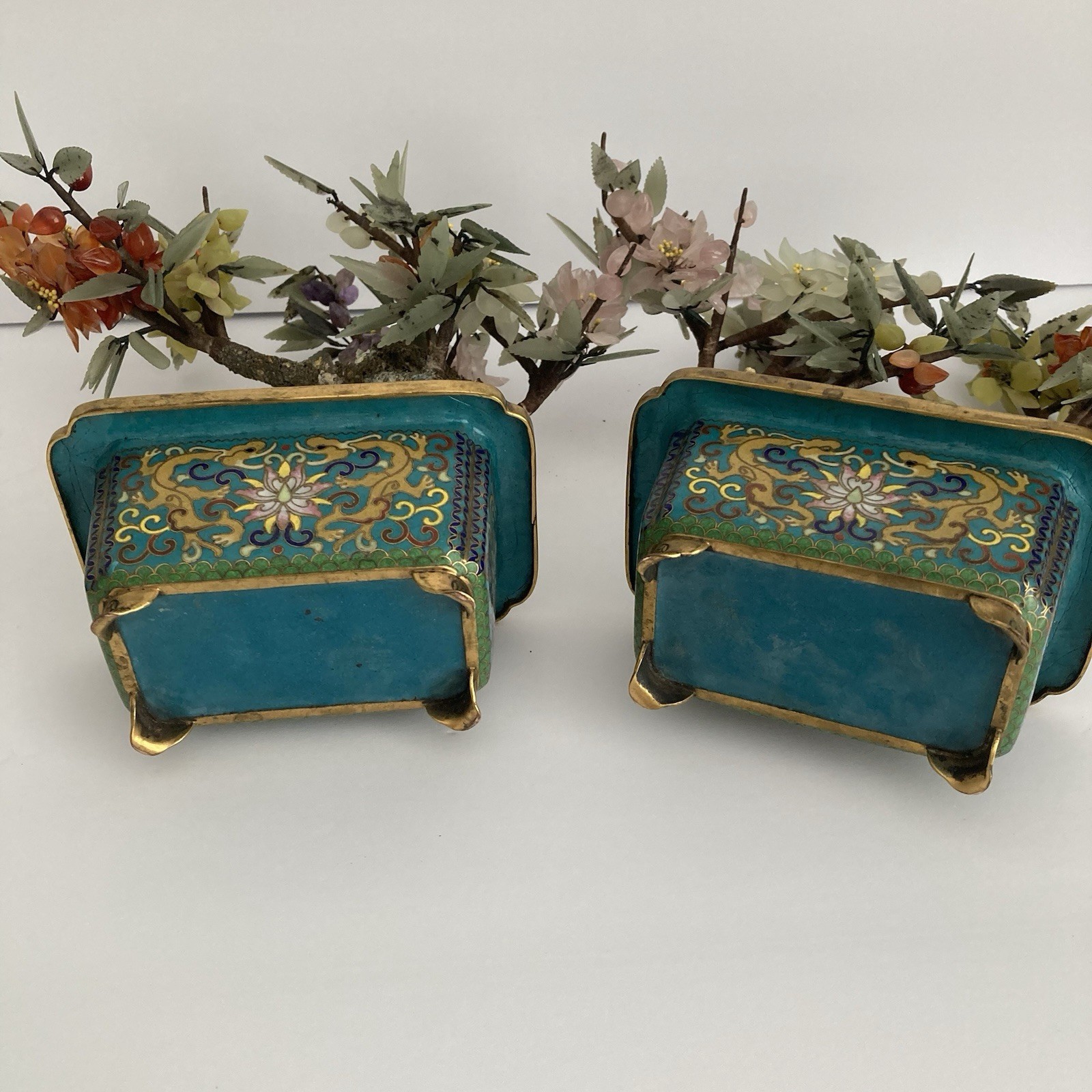 Pair Antique Chinese Jade Bonsai Tree in Cloisonne Pot w Amethyst Carnelian VTG