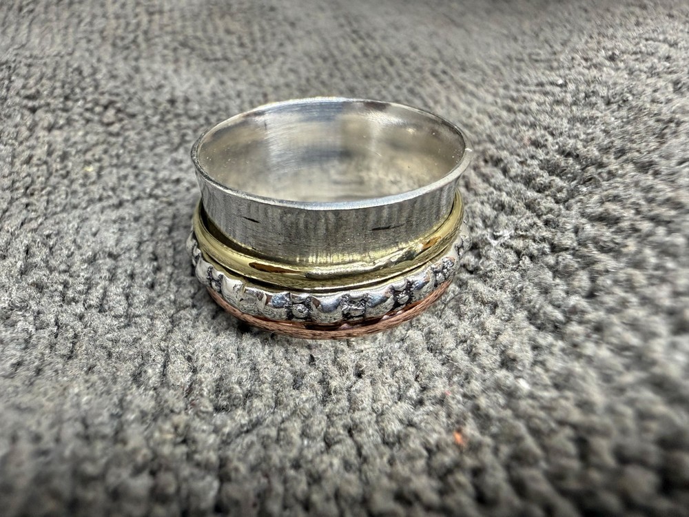 Solid 925 Sterling Silver Boho Multi-Metal Spinner Textured Fidget Band Ring