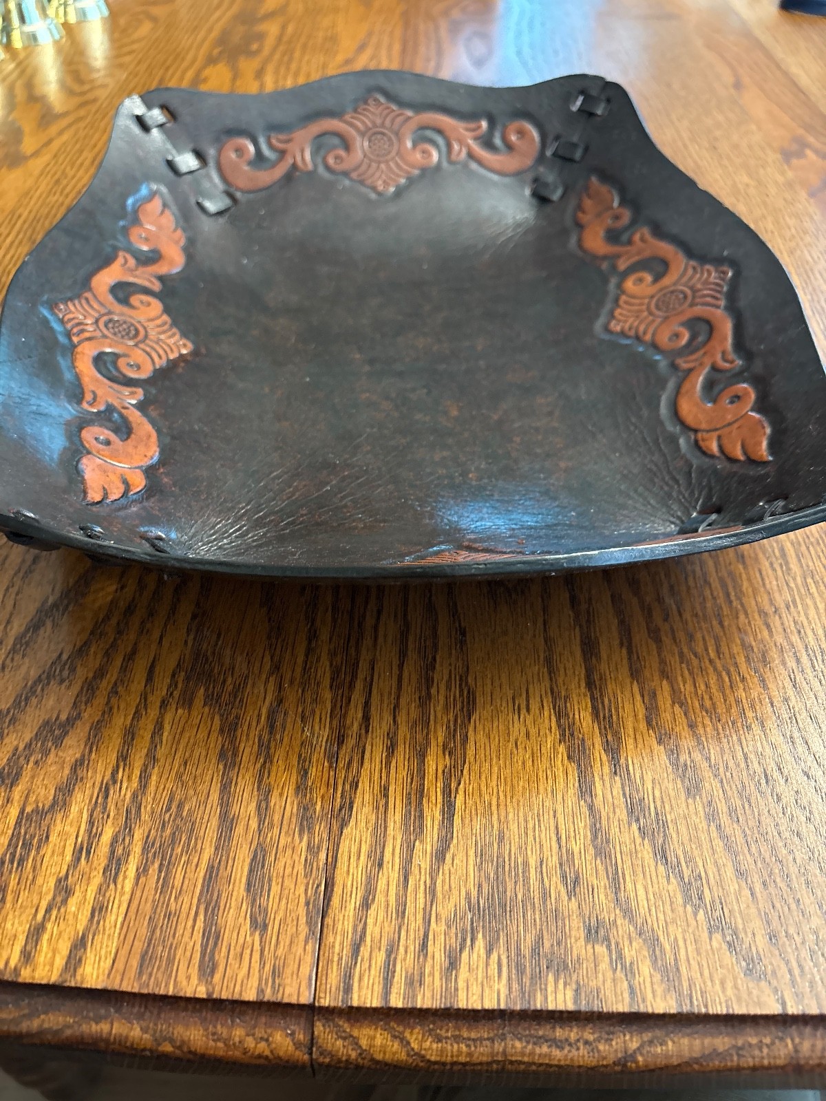Peru Handcrafted Tooled Leather Bowl Tray Spanish 13.5"x 11.75 Free Shipping!