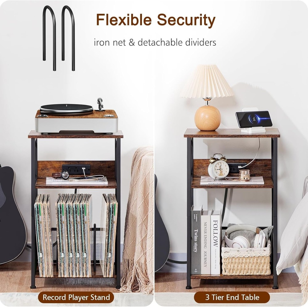 Rustic Brown Turntable Stand with Storage for Over 100 Records & USB Charging