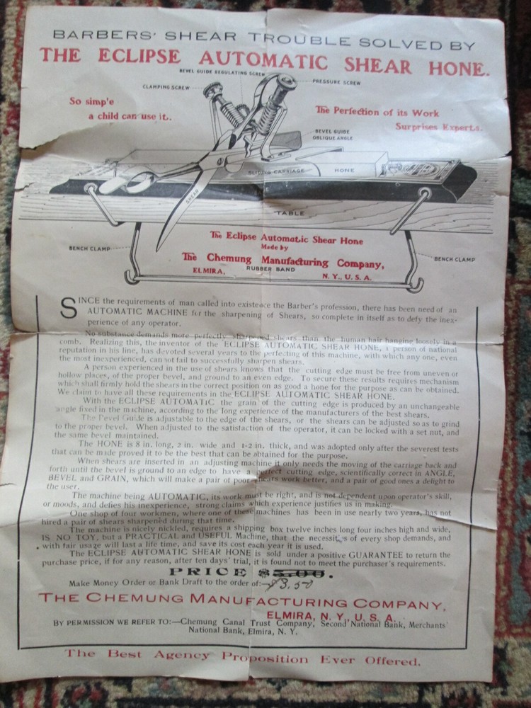 Eclipse 1904 Barber Shop Scissors Shear Hone Sharpening Tool w/Illus. Brochure