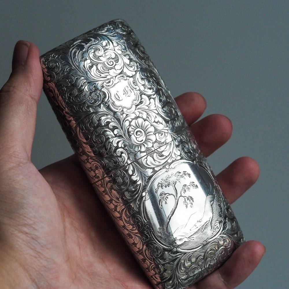 Antique Victorian Silver Cigar/Cheroot Case Profusely Engraved - Nathaniel Mills