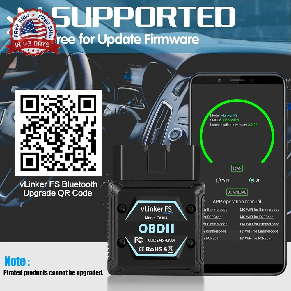 Vgate vLinker FS Bluetooth OBD2 Diagnostic Scan Tool, OBDII Car Code Reader for