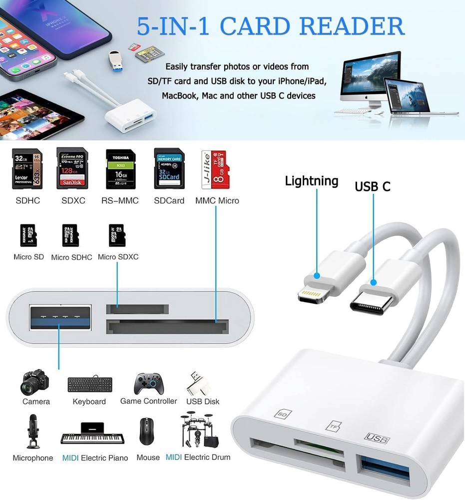Lightning Dual Port SD Card Adapter - Efficient USB C Reader for iOS Devices
