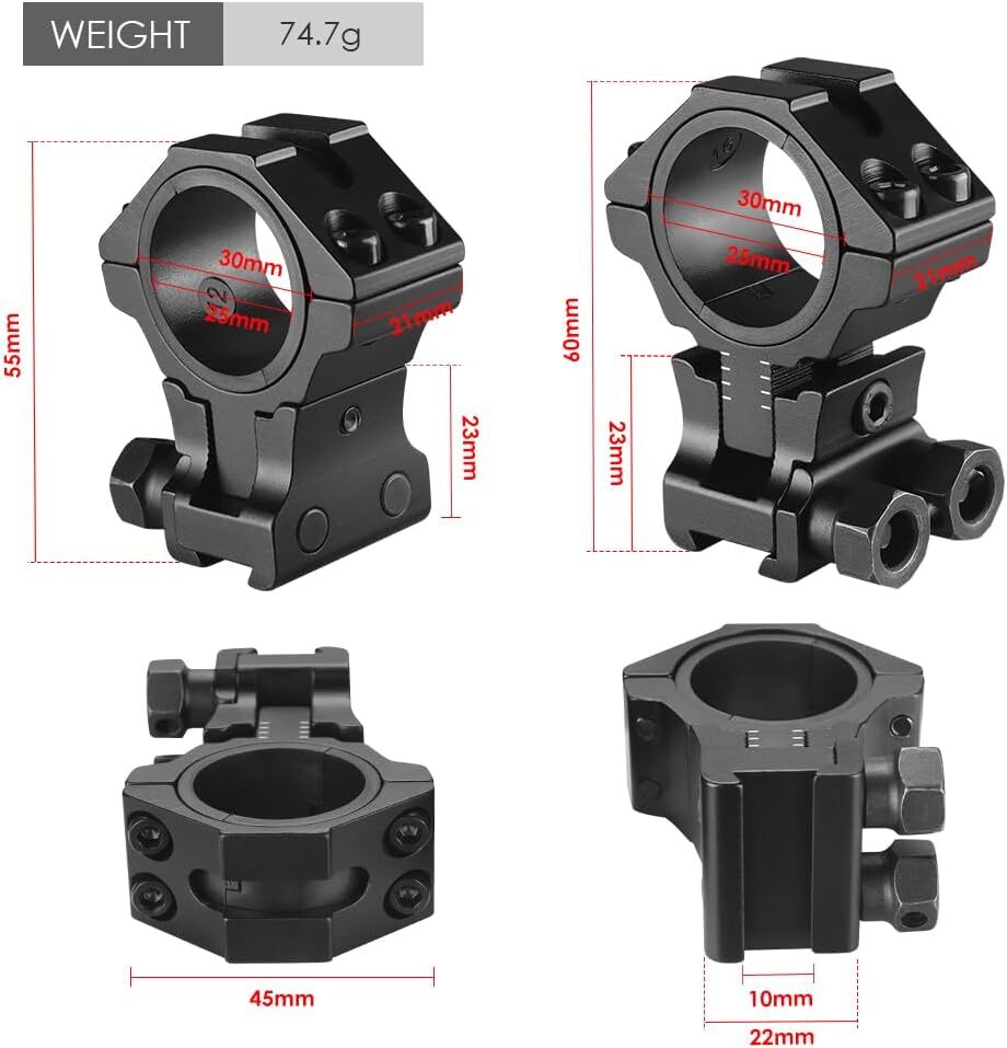 2Pcs Precision Adjustable Center Height 30mm Scope Ring Mount for 11mm/20mm Rail