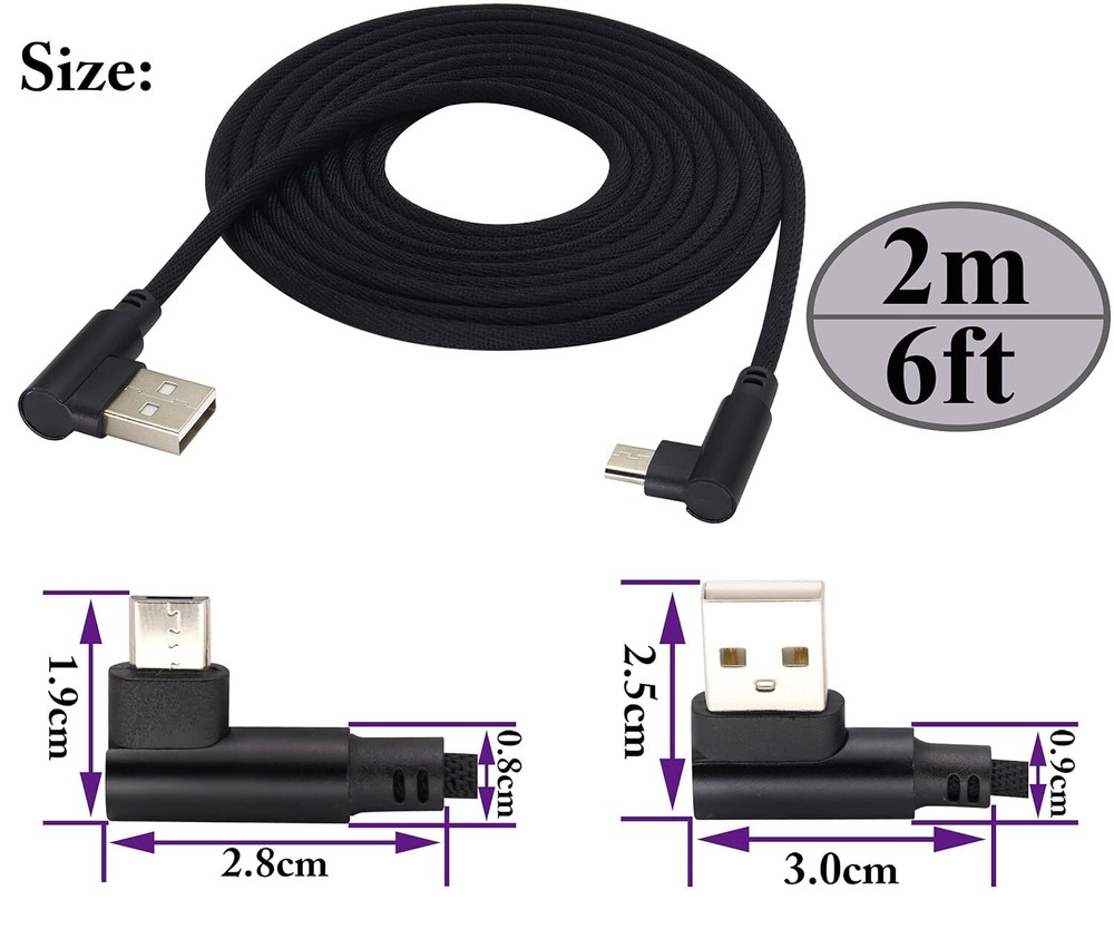 90 Degree Right Angle Micro USB Cable Fast Charging Cord 3/6/10FT For Samsung LG
