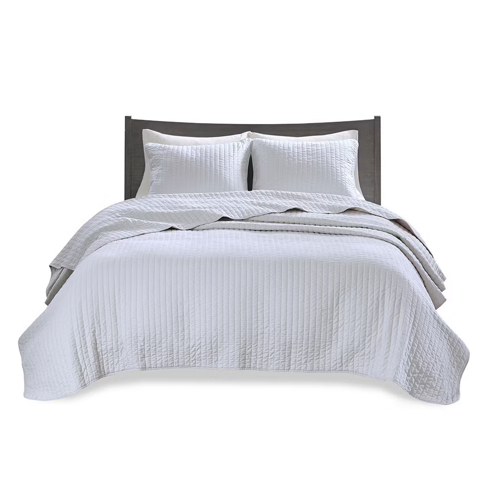 White Khaki Mitchell Solid Brushed Fabric Quilt Set Full/Queen 3pc