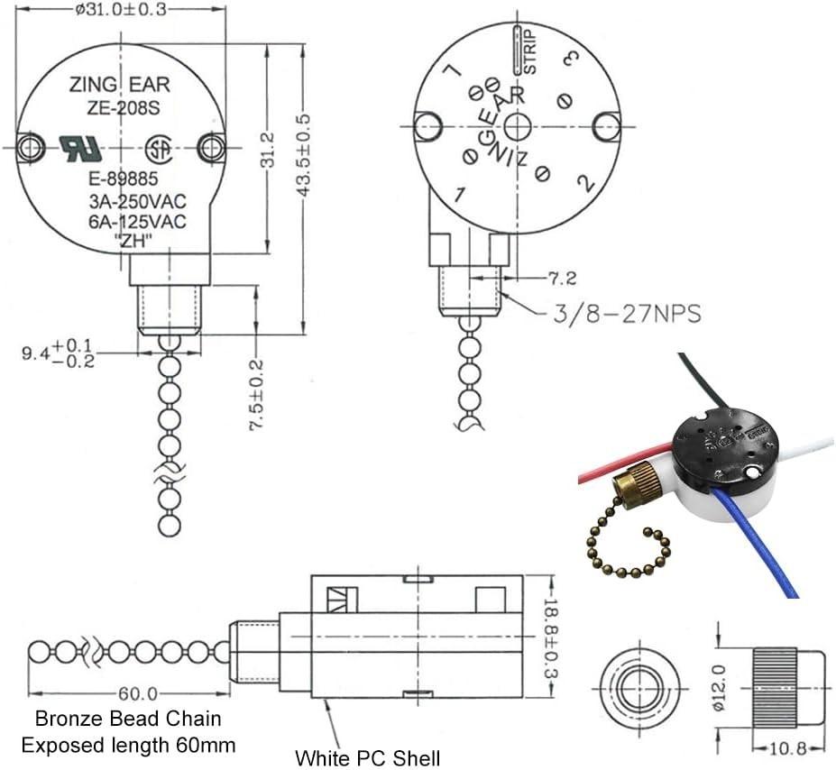 Hunter, Hampton Bay Compatible Ceiling Fan Switch: E89885, 3 Speed Bronze Design