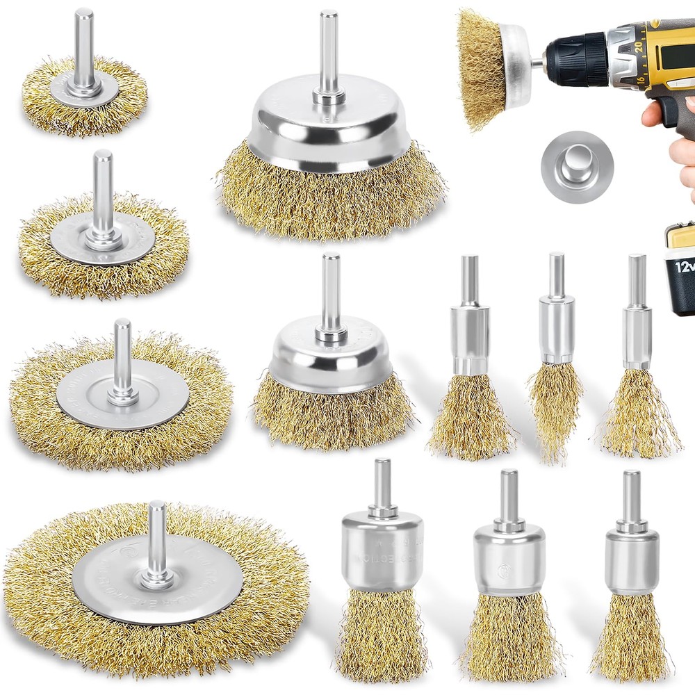 Wire Brush for Drill Set 12Pcs Cup Wheel & End Brush Kit with 1/4” Shank Bras...