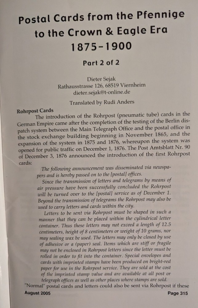 German Postal Specialist Aug 2005 NAPOSTA Post Cards From Pfennige 1875-1900