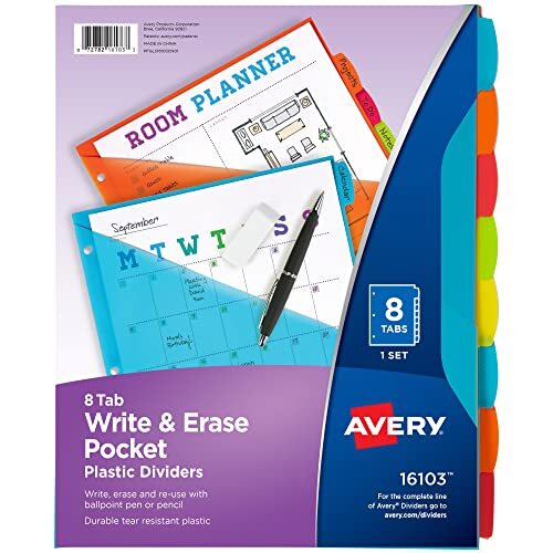 Avery Write&Erase Durable Plastic Dividers with Pockets,8-Tab Set,Bright 16103