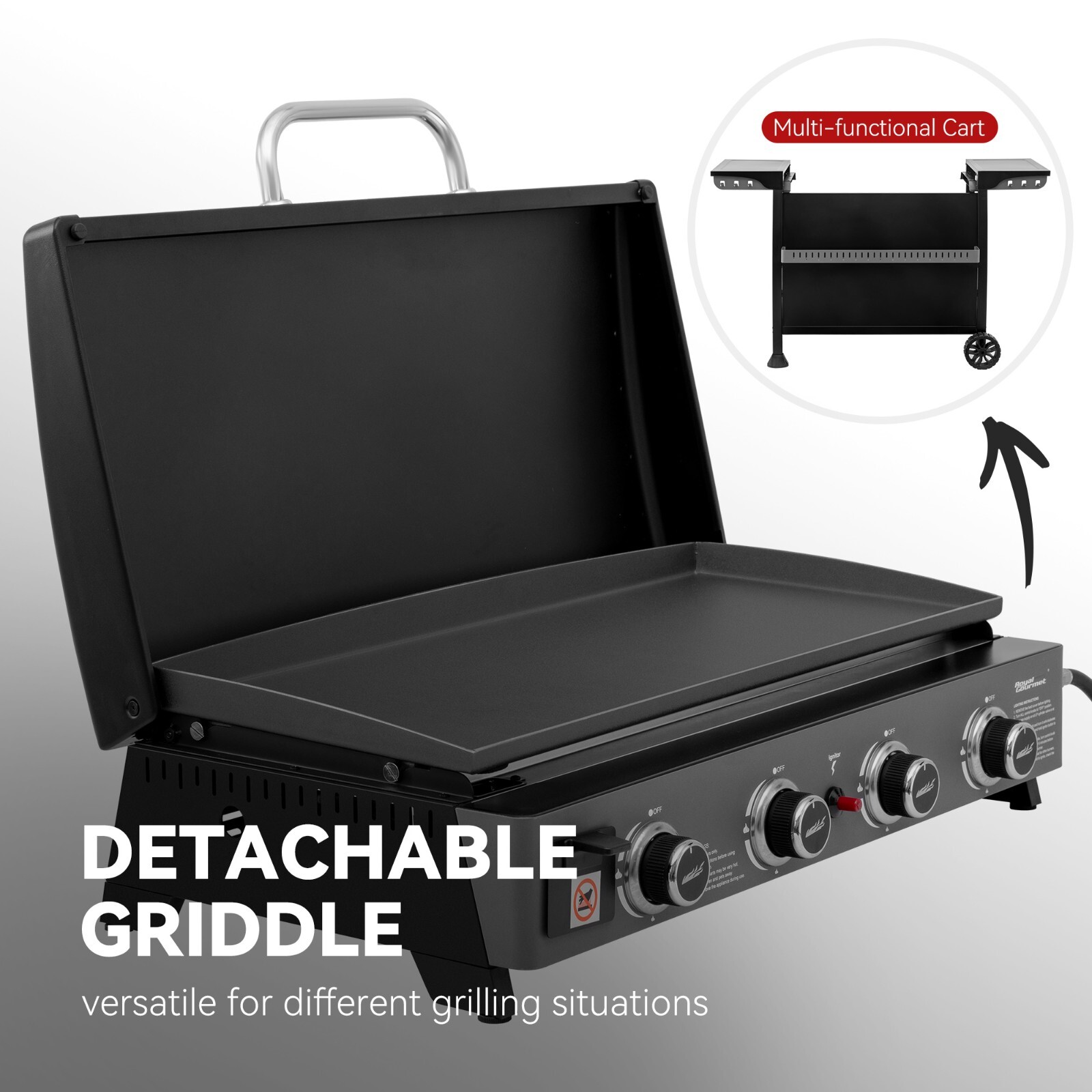 Royal Gourmet 4-Burner Tabletop Gas Griddle with Hood/Removable Standing Cart