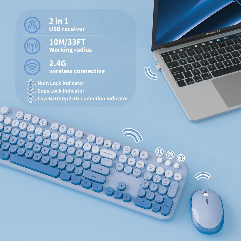Wireless Keyboard and Mouse Combo, 2.4GHZ Typewriter Retro Full Size Keyboards