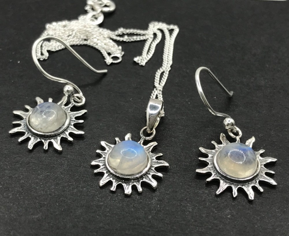 Rainbow moonstone pendant earrings set, solid Sterling silver, sun, gift box.