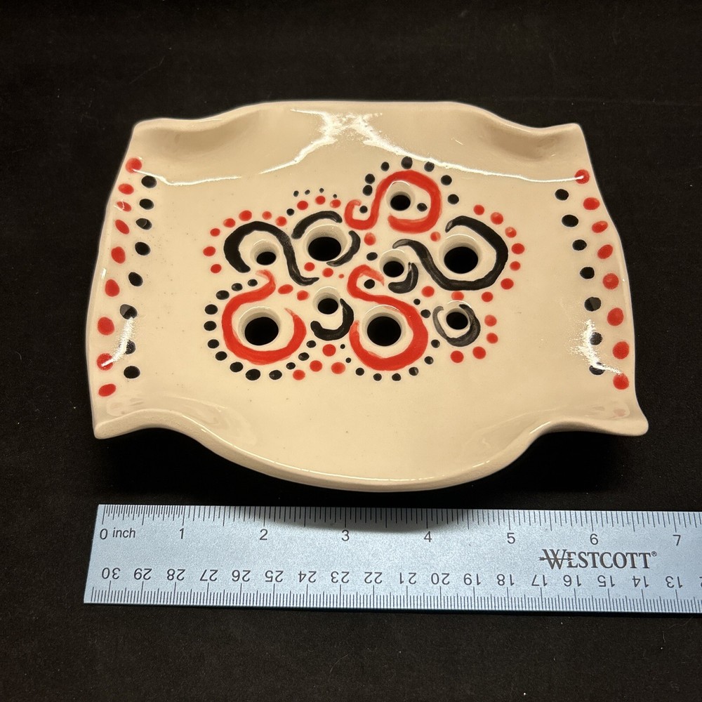 Nancy Bishop Pottery Footed Soapdish Strainer Red and Black