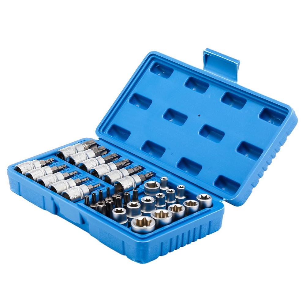 34Pcs Torx Star Socket & Bit Set Male Female E & T Sockets Torx Bits Kit + Case