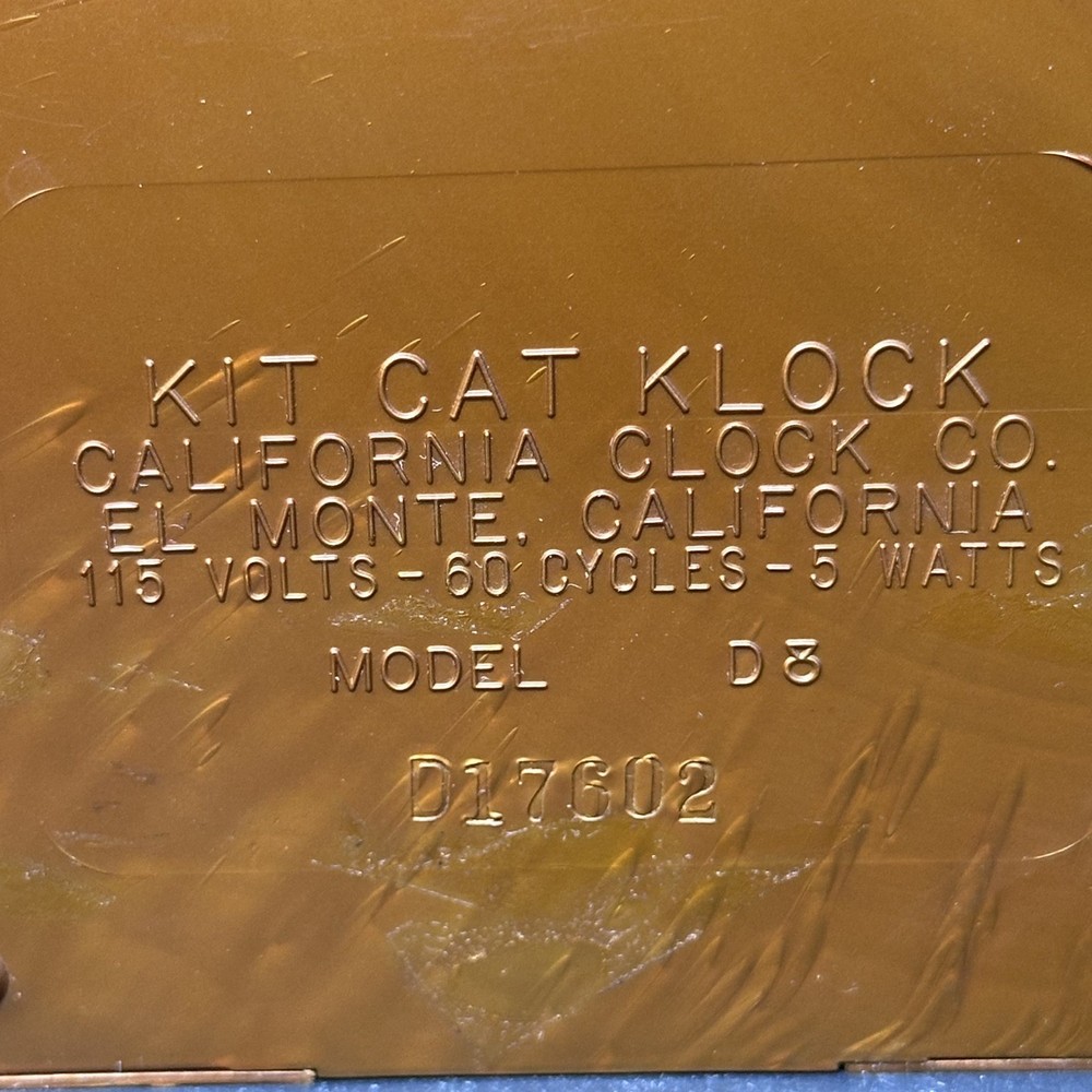 Kit-Cat Klock 1960's - Model D8 - Copper - Missing Tail - Works - Vintage - Read