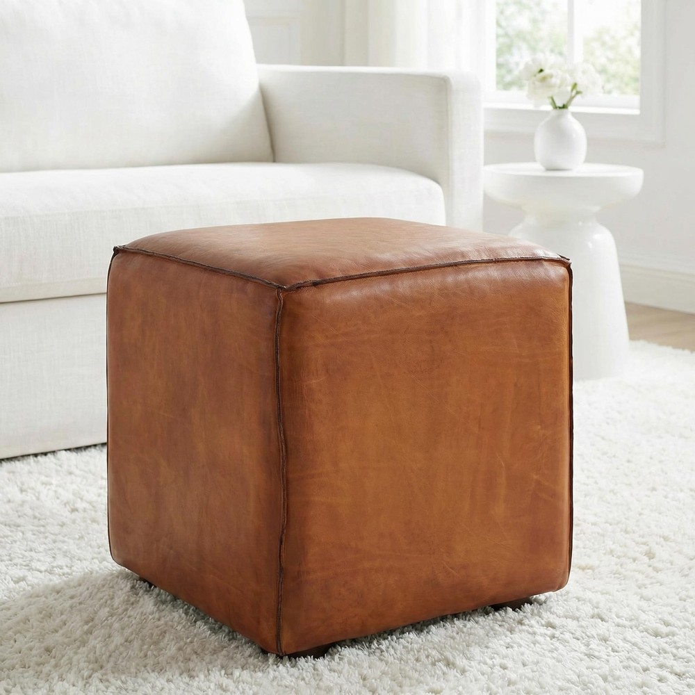Sands Genuine Leather Cube Ottoman, Saddle Brown