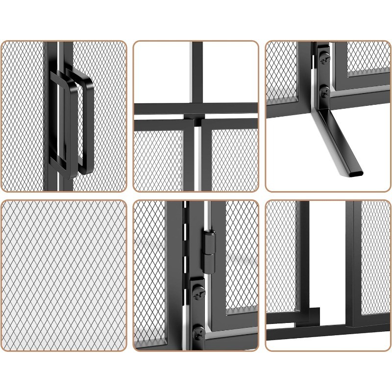 Panel Folding Fireplace Screen with Magnetic Hinged Doors, Solid Wrought Iron