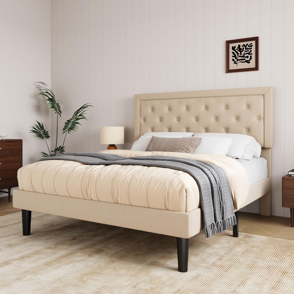 Queen Size Button Tufted/Fabric Upholstered Bed Frame with Adjustable Headboa...
