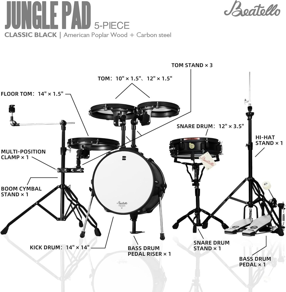 Portable 5pc Drum Set Compact 14 Inch Kit Thin Shell Full Hardware Black