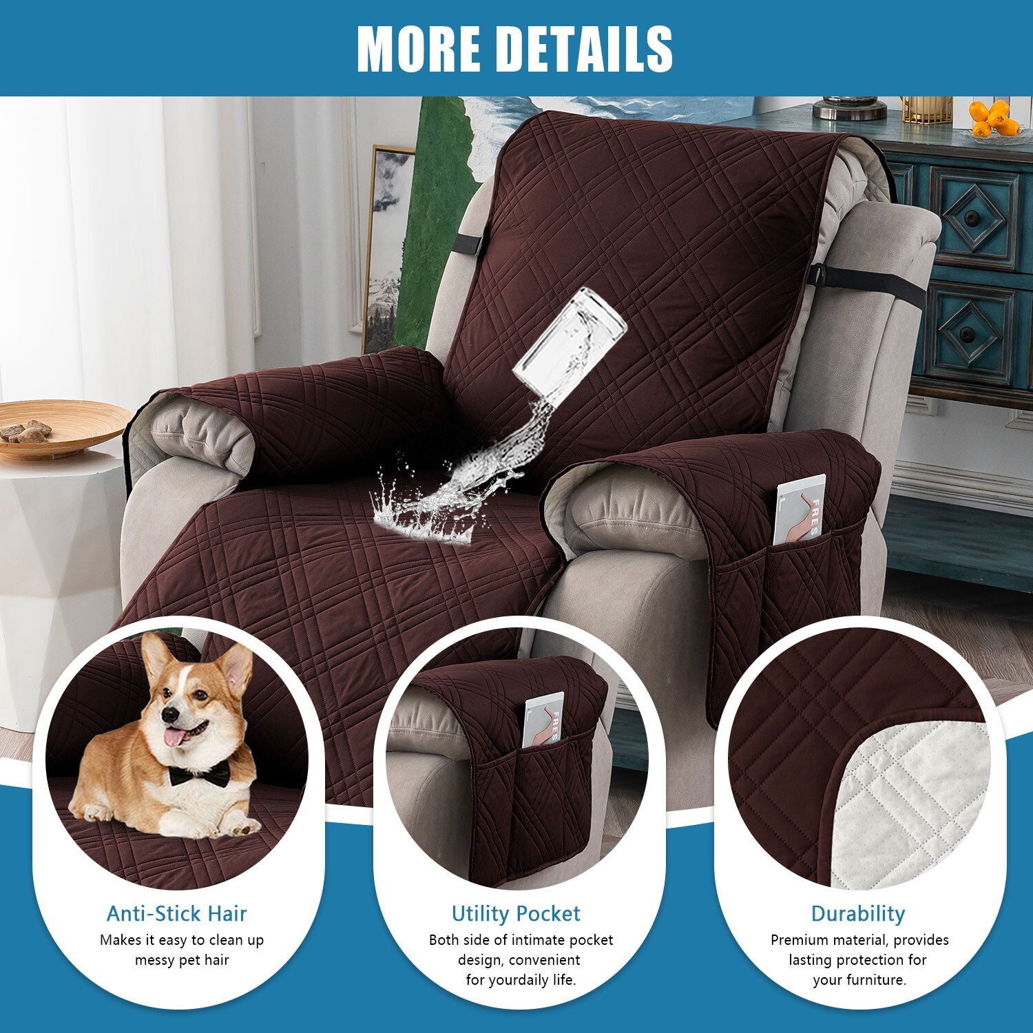 100% waterproof non-slip recliner cover, pockets, furniture protection trim