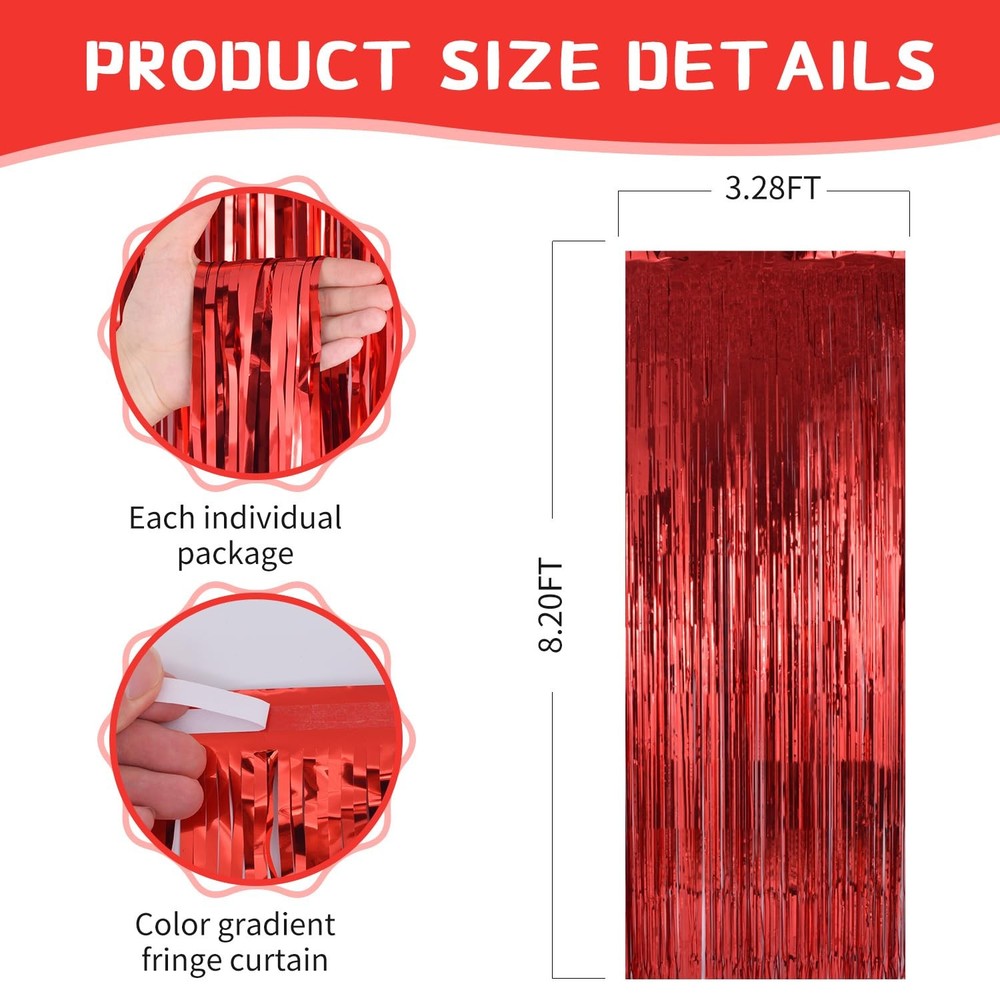 Red Curtains Backdrop Tinsel Streamers Party Decorations 2Pack 3.3 * 8.2FT Bi...