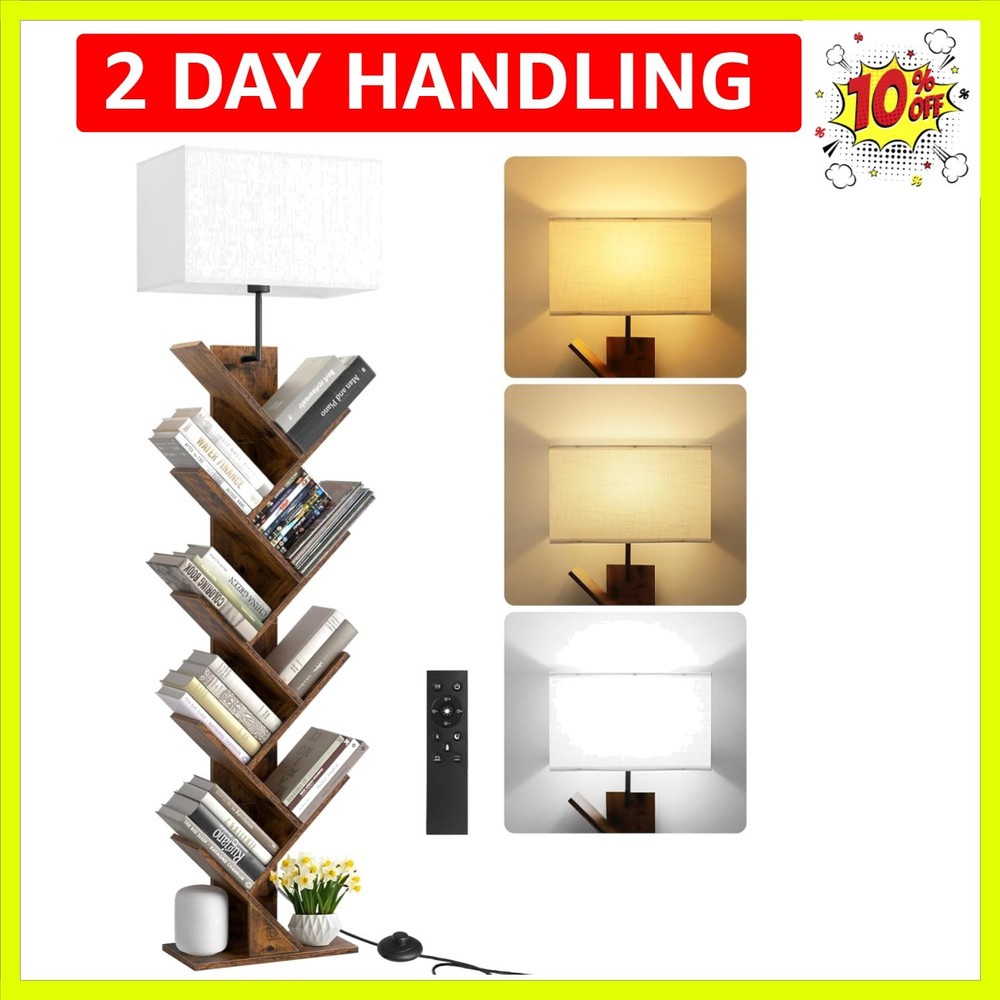 9 Tier Tree Bookshelf with Light, Remote & Timer, Modern Tall Floor Standing ...