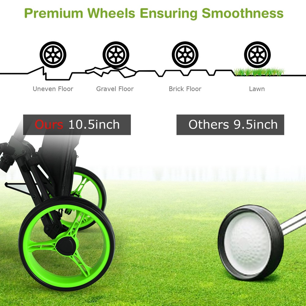 3-Wheel Foldable Golf Push Pull Cart Trolley w/ Seat Adjustable Handle Green