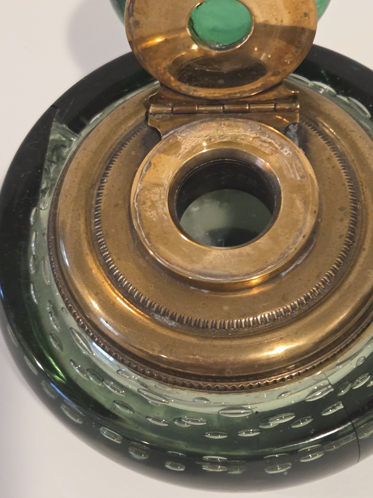 Glass Ink Well hand Blown Controlled Bubbles Brass Antique Green