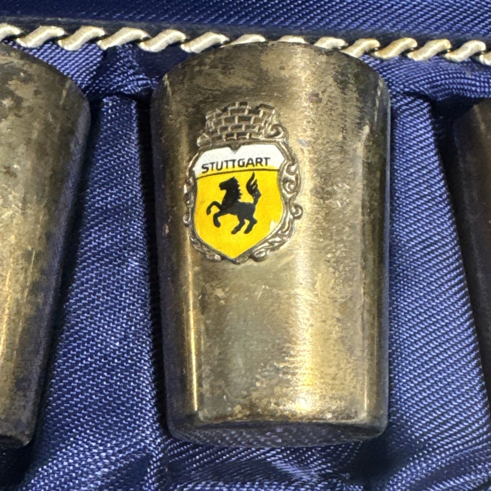 VTG GERMANY SET 8 GERMAN CITY COAT OF ARMS SILVER PLATE SHOT GLASS CUPS W/ CASE
